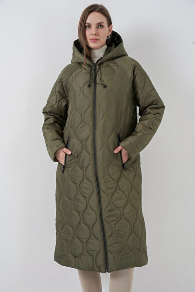 nedo7 5177 Hooded Long Quilted Coat - Khaki