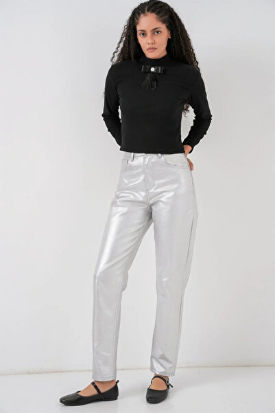 nedo7 بنطال لامع عالي الخصر 6738 - فضي