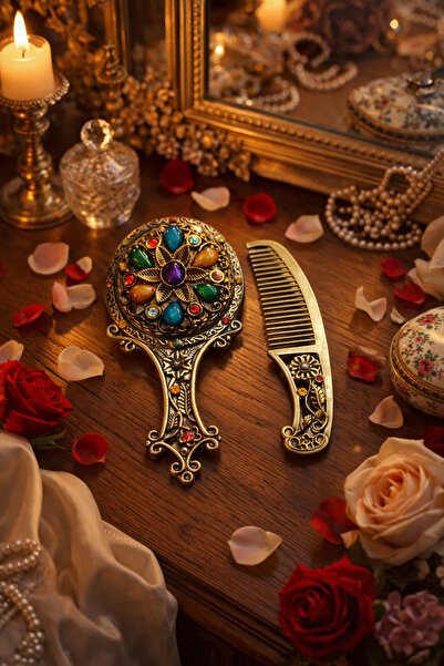 seymenbıçakçılık Etnik Desenli Vintage El Aynası ve Tarak Seti | 3 Boyutlu Arka Kapaklı Dekoratif Set