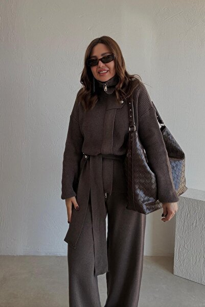 ELVAN TOLON Brown Knitwear Jacket Pants Set