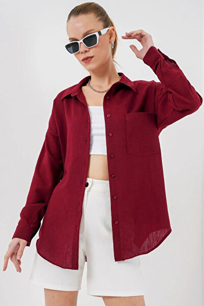 nedo7 20153 قميص كتان كبير الحجم بجيب واحد - أحمر كلاريت