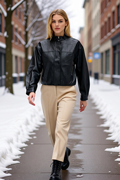 BENERLY Women's Mock Neck Low Armhole Faux Leather Oversized Mold Slim Jacket...