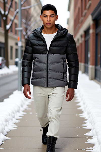 BENERLY Men's Hooded Standard Sleeve Regular Fit Color Block Puffer Coat Func...