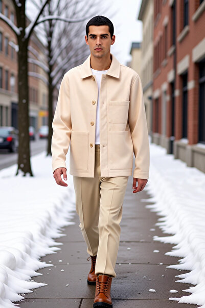 BENERLY Men's Shirt Collar Standard Sleeve Plain Pattern Cashmere Coat Functi...