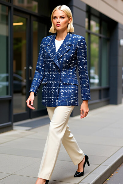 BENERLY Women's Tweed Jacket Collar Long Sleeve Standard Fit Plaid Pattern Fu...