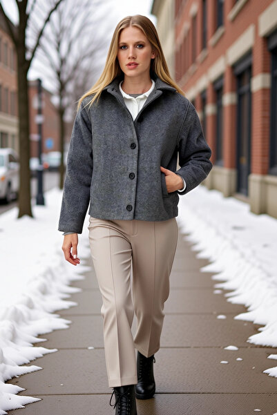 BENERLY Women's Judge Collar Long Sleeve Plain Pattern Cashmere Jacket Functi...