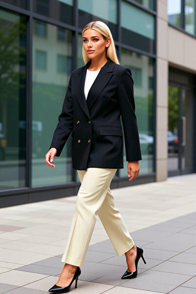 BENERLY Women's Double-Breasted Collar Standard Sleeve Woven Blazer Jacket Fu...