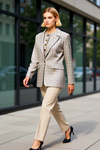 BENERLY Kadın Ekose Desenli Ceket Yaka Standart Kol Regular Kalıp Dokuma Fonk...