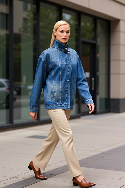 BENERLY Women's 100% Cotton Mock Neck Low Armhole Denim Jacket Functional Dur...