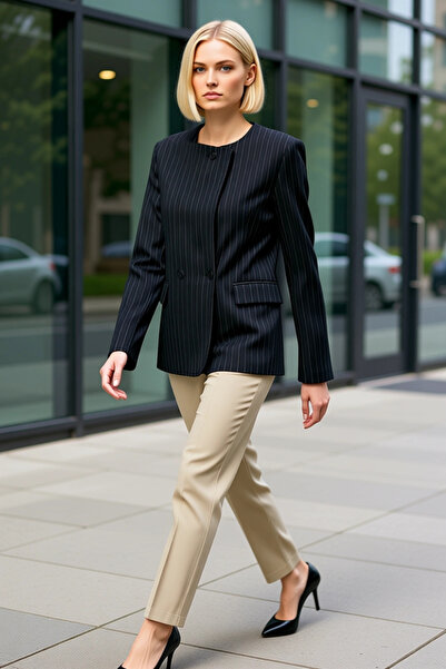 BENERLY Women's Striped Crew Neck Long Sleeve Standard Fit Woven Blazer Jacke...