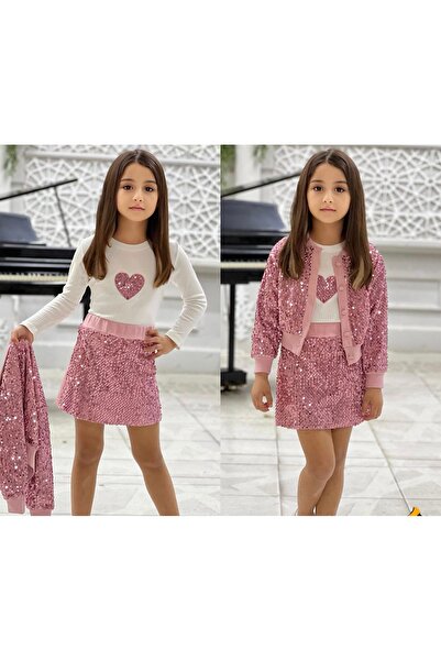 ÖZNUR Kız Çocuk Pullu Etekli Takım – Pembe Kalp Detaylı