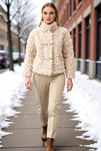 BENERLY Women's Regular Fit Mock Neck Standard Sleeve Artificial Faux Fur Coa...