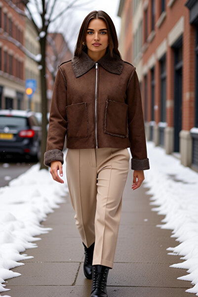 BENERLY Women's Shirt Collar Long Sleeve Standard Fit Suede Coat Functional D...