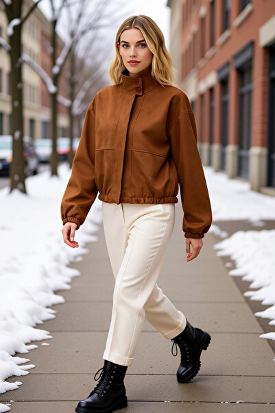 BENERLY Women's Mock Neck Standard Sleeve Suede Bomber Coat Functional Durabl...