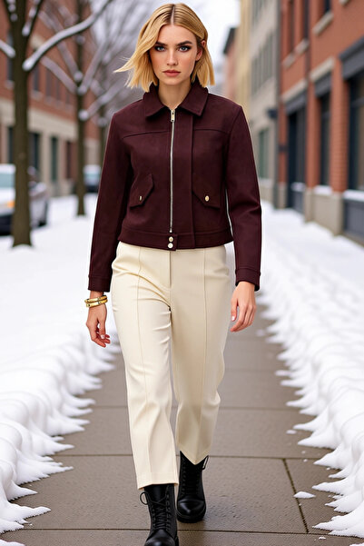 BENERLY Women's Fitted Fit Jacket Collar Standard Sleeve Plain Pattern Suede ...