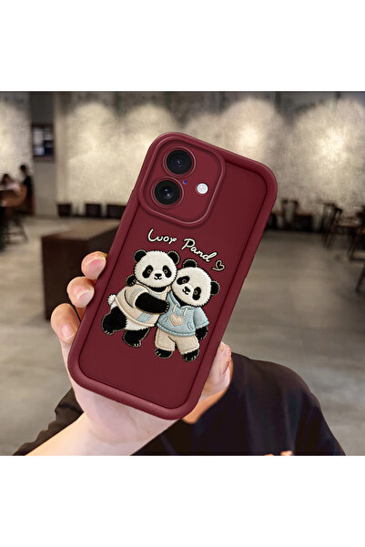 ucuc حافظة حماية مرنة متوافقة مع آيفون 16 بلون بورجوندي على شكل باندا