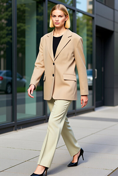 BENERLY Women's Jacket Collar Long Sleeve Oversized Mold Woven Blazer Coat Fu...