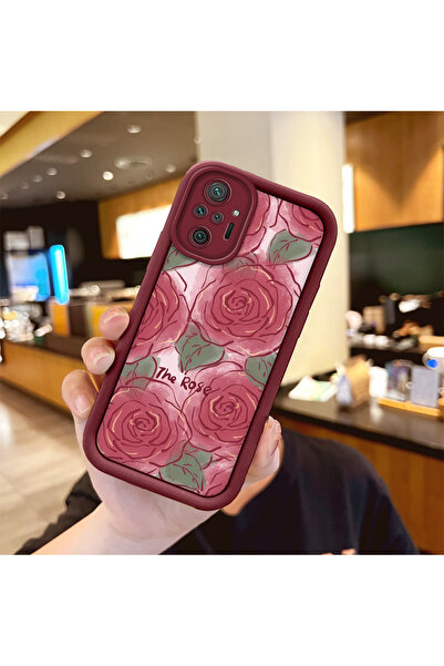 ucuc Xiaomi Redmi Note 10 Pro Uyumlu Gül Kelebek Desenli Bordo Silikon Darbey...