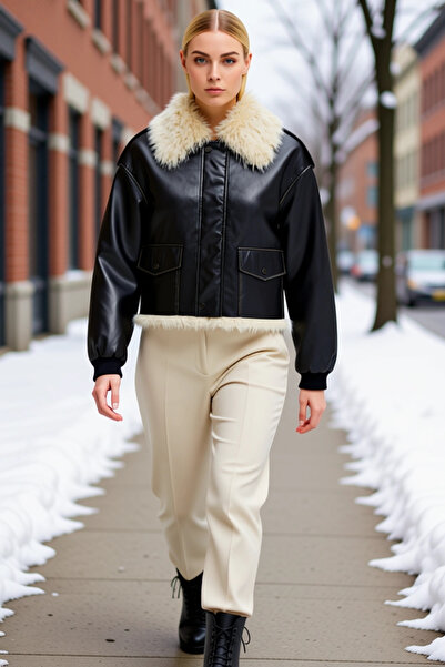 BENERLY Women Shirt Collar Standard Sleeve Faux Leather Coat Functional Durab...