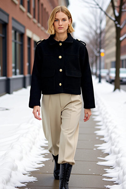 BENERLY Women Shirt Collar Standard Sleeve Plain Pattern Cashmere Coat Functi...