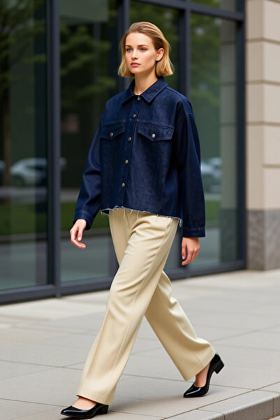 BENERLY Women's 100% Cotton Shirt Collar Low Armhole Oversized Crop Denim Jac...