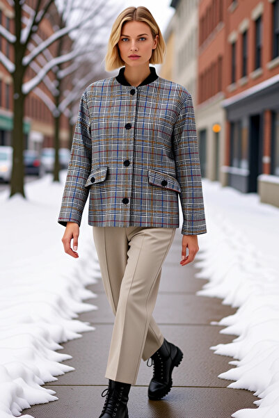 BENERLY Women's Crew Neck Standard Sleeve Plaid Woven Cashmere Coat Functiona...