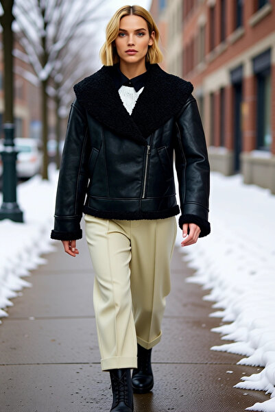 BENERLY Women Shirt Collar Long Sleeve Regular Fit Faux Leather Jacket Functi...