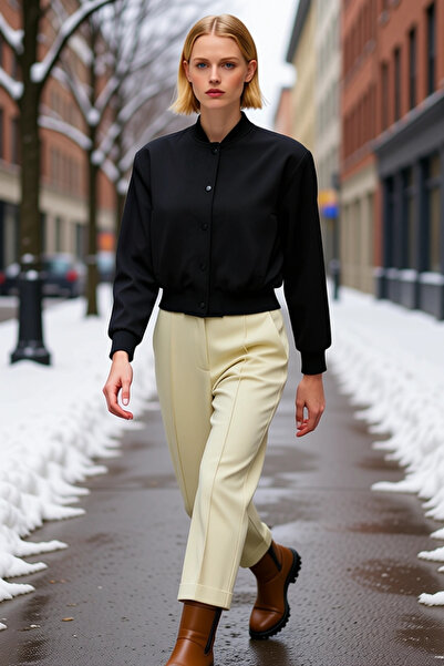 BENERLY Women's Judge Collar Low Arm Long Sleeve Crop Bomber Coat Functional ...