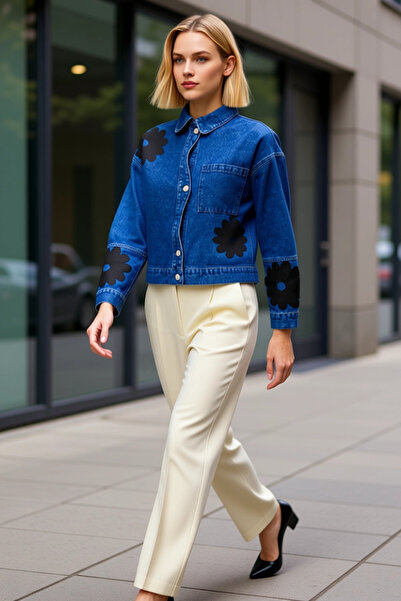 BENERLY Women's 100% Cotton Shirt Collar Low Sleeve Oversized Denim Jacket Fu...