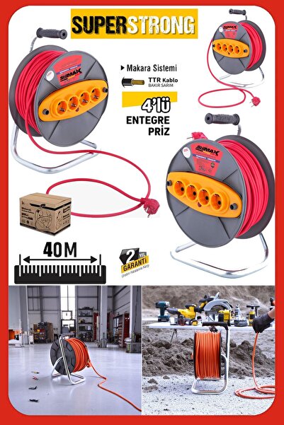 stilmax Bakır Sargılı 40 Metre Makaralı Uzatma Kablosu – 3x2.5 mm² – 4 Priz | Atölye & Şantiye Tipi