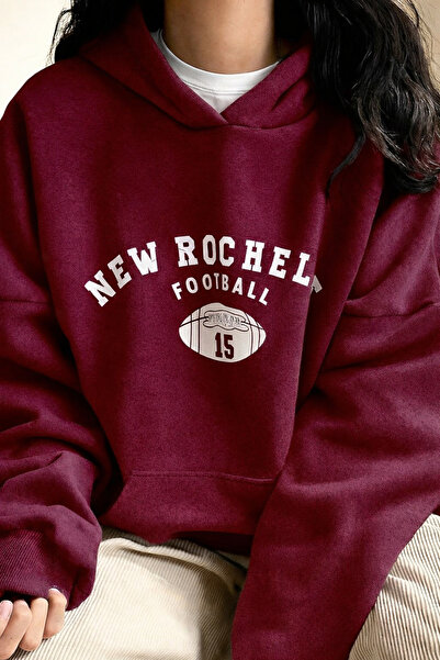 BYMEER سترة نيو روشيل باللون الأحمر الداكن والرمادي مطبوع بغطاء رأس قصة فضفاضة