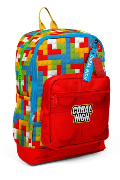 Coral High Rucsac de școală cu patru compartimente cu model bloc de culoare p...