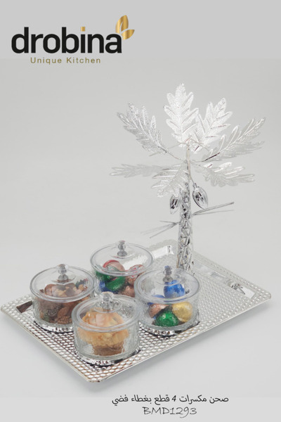 drobina صحن مكسرات مستطيل 4 قطع فضي دروبينا