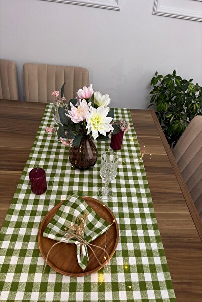 zarafet concept Yeşil Kareli Dak Keten Sıvı Geçirmez Leke Tutmaz Runner