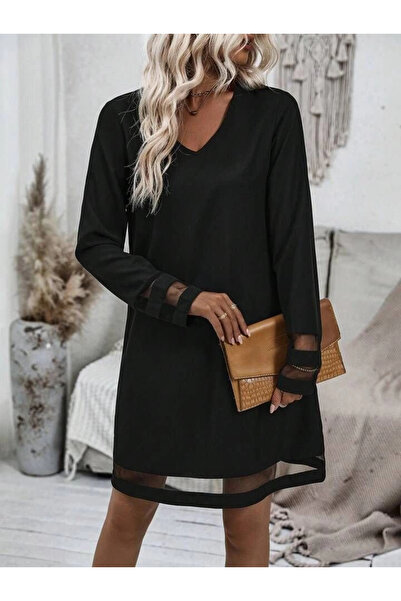 nedo7 فستان نسائي طويل الأكمام بياقة على شكل حرف V من التول تفاصيل مخططة فستا...