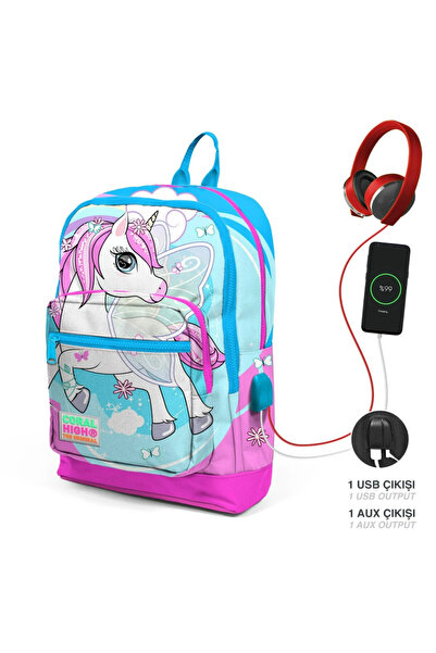 Coral High Παιδικό μπλε νέον ροζ μονόκερος τετράχωρο σχολικό σακίδιο πλάτης U...