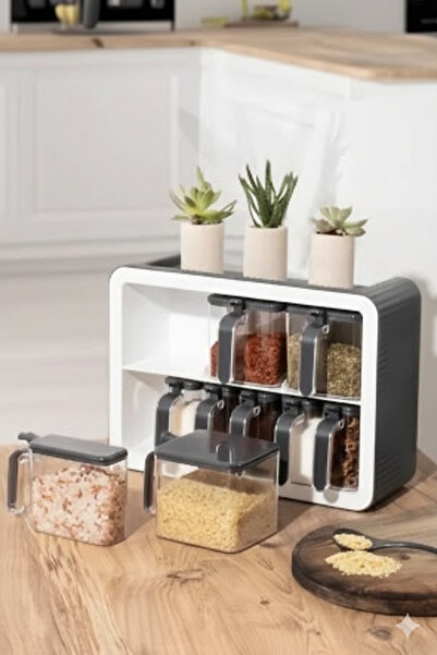 indirimdesiniz Standlı 9 lu baharatlık Takımı Kaşık ve Kapaklı Baharatlık Seti