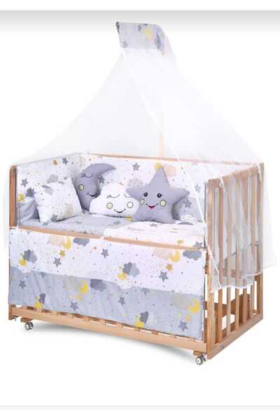 Jasmin طقم نوم لسرير الأطفال باللون الرمادي مكون من 10 قطع + ناموسية وحامل هدية