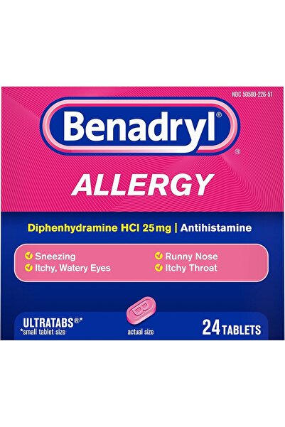 benadryl Ultratabs Antihistamine Allergy Relief Tablets, Diphenhydramine HCl 25mg, 24 Count (Pack of