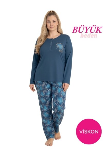 seamlife Women's Plus Size Patterned Crew Neck 3-Button Transitional Stretch Fabric Viscose Long Sleeve Pajama Set