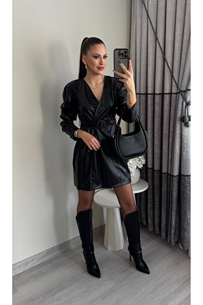 Miasista V Yaka Kemerli Deri Elbise