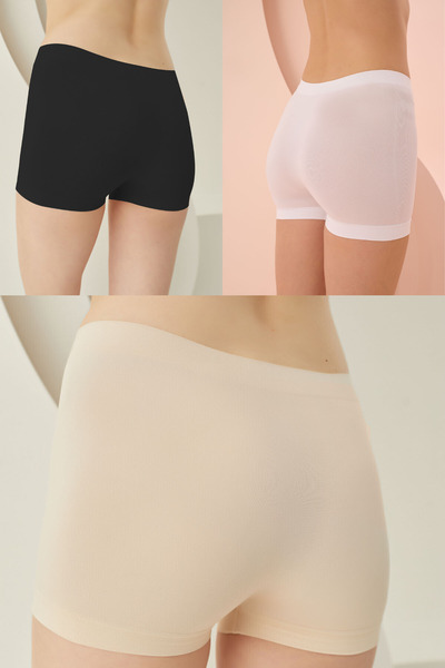 NBB 2008 3'lü Paket %100 Pamuklu Kadın Boxer Seti (Siyah, Beyaz, Ten)