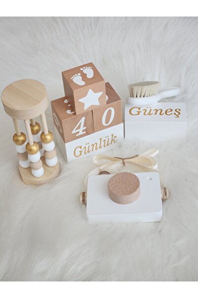 Yoyowoods Ahşap İsimli Anı Küpü Seti -Abaküs-Fotoğraf Makinesi- Keçi Kılı Fırça