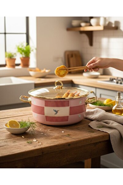 Onedekor Emaye Pink Bird Kızartma Tenceresi Gold