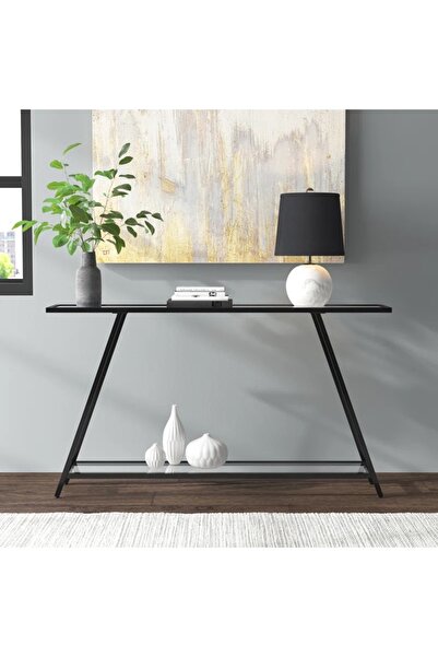 genric طاولة كونسول معدنية من ون ديكور مع رفوف زجاجية شفافة مزدوجة - أثاث عصري للمدخل باللون الأسود