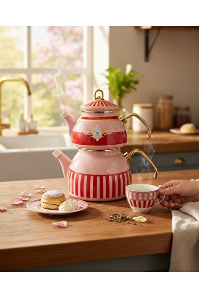 Onedekor Emaye Pink Bird Çaydanlık Gold