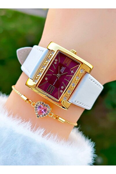 Q&Q Gold Color Case White Leather Band Women's Wristwatch with Bracelet Gift