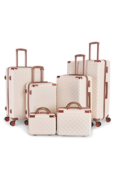 LİMRA 6-piece luggage set in sizes 32"/28"/24"/20"/15"/12" with a modern design in beige/gold.