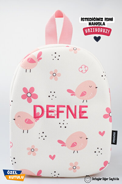 Minilee Pembe Kuşlar – Kuş Desenli Anaokulu Kreş Çocuk Çantası Kişiye Özel Na...