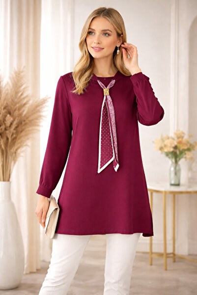 nacar çarşı Women's Long Sleeve Casual Tunic with Scarf Accessory
